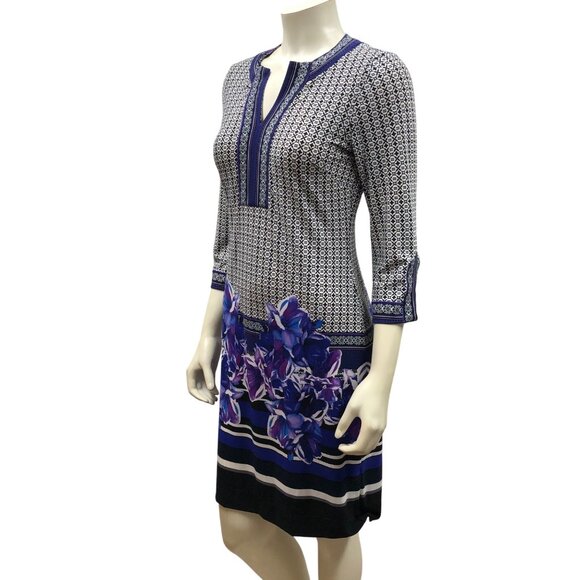New York & Co Geometric Floral Print 3/4 Sleeve Dress V-Neckline Sm - Picture 1 of 8